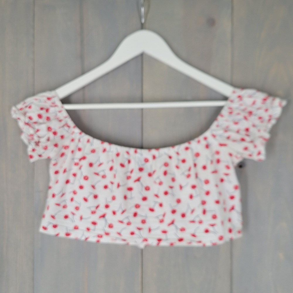 Polly Floral Crop Top Womens 12 White Red Off Shoulder Button Front Cottage BOHO